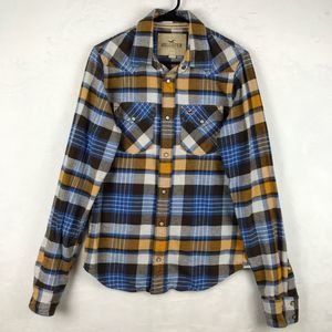 Hollister Shirt Womens Size Medium Pearl Snap Yellow Blue Plaid Long Sleeve